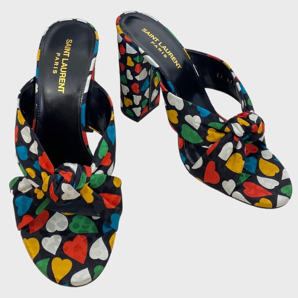 Saint Laurent Black Multicolor Heart Bianca Knotted Sandals Size 38 1/2 NWT - Picture 1 of 13
